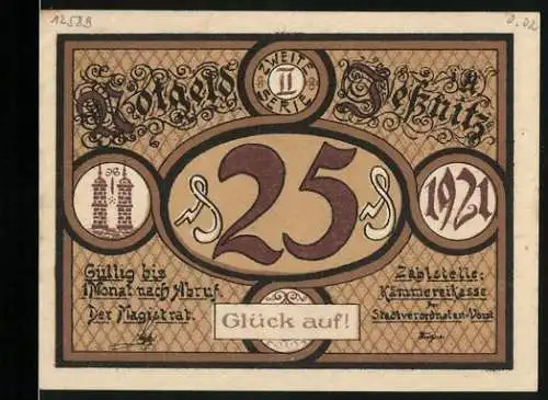 Notgeld Jessnitz 1921, 25 Pfennig, Vorderseite mittig 25, Rückseite Reiter auf Pferd