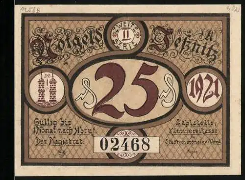 Notgeld Jessnitz 1921, 25 Pfennig, Vorderseite mit Wertangabe und Rathaus, Rückseite mit Reiter auf Pferd und Gebäude