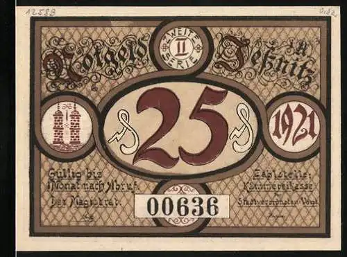 Notgeld Jessnitz 1921, 25 Pfennig, Seriennummer 00636, Vorderseite mit Stadtwappen und Rückseite mit Reiter auf Pferd