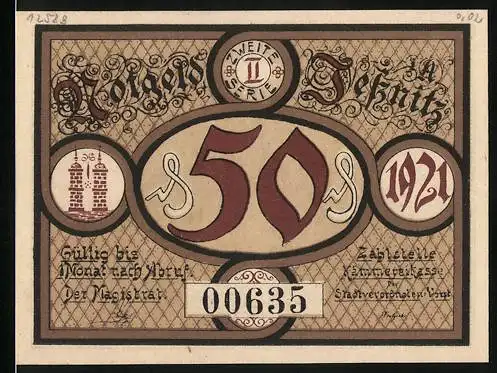 Notgeld Jessnitz 1921, 50 Pfennig, Rathaus und Stadtwappen, Serie B, gültig bis Monats Ultimo