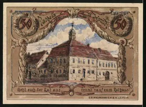 Notgeld Jessnitz 1921, 50 Pfennig, Rathaus und Stadtwappen, Serie B, gültig bis Monats Ultimo