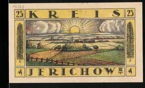 Notgeld Jerichow, 1922, 25 Pfennig, Landschaft mit Sonnenaufgang und Klosterkirche zu Jerichow