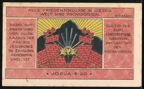 Notgeld Jerichow, 1921, 50 Pfennig, Landschaftsmotiv und Zitat von Bismarck