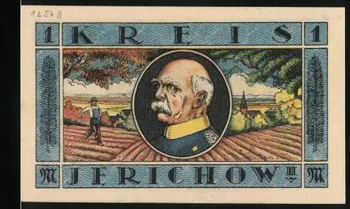 Notgeld Jerichow, 1921, 1 Mark, Porträt von Bismarck und Schloss Schönhausen