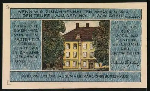 Notgeld Jerichow, 1921, 1 Mark, Porträt von Bismarck und Schloss Schönhausen