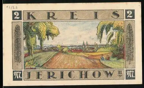 Notgeld Jerichow, 1921, 2 Mark, Landschaft mit Feldern und Bäumen, Zitat Bismarck und Stadtmauer mit Sonnenaufgang