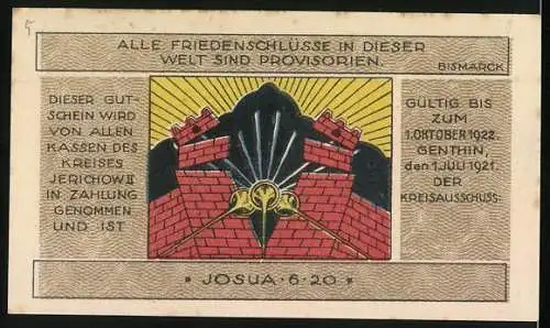 Notgeld Jerichow, 1921, 2 Mark, Landschaft mit Feldern und Bäumen, Zitat Bismarck und Stadtmauer mit Sonnenaufgang