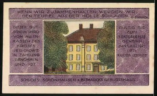 Notgeld Jerichow 1921, 3 Mark, Bismarck-Porträt und Schloss Schönhausen, lila Umrandung und Text