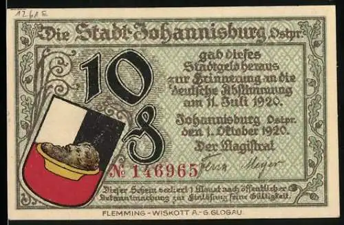 Notgeld Johannisburg, 1920, 10 Mark, Stadtwappen und Rathaus, Gedenkausgabe an Volksabstimmung