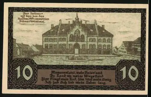 Notgeld Johannisburg, 1920, 10 Mark, Stadtwappen und Rathaus, Gedenkausgabe an Volksabstimmung