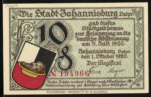 Notgeld Johannisburg 1920, 10 Pfennig, Stadtratsbeschluss und Rathaus, Stadtwappen und Gedicht, Seriennummer 154966