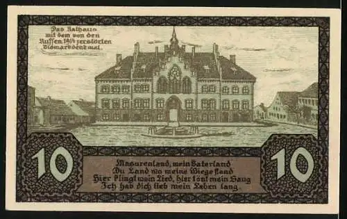 Notgeld Johannisburg 1920, 10 Pfennig, Stadtratsbeschluss und Rathaus, Stadtwappen und Gedicht, Seriennummer 154966