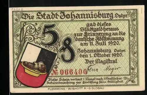 Notgeld Johannisburg 1920, 5 Pfennig, Erinnerung an die deutsche Abstimmung am 11. Juli 1920, Rathausabbildung