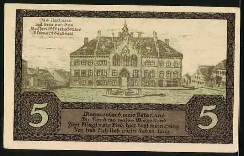 Notgeld Johannisburg 1920, 5 Pfennig, Erinnerung an die deutsche Abstimmung am 11. Juli 1920, Rathausabbildung