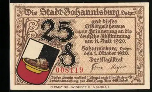 Notgeld Johannisburg 1920, 25 Pfennig, Rathausabbildung und Stadtwappen, Seriennummer 008119