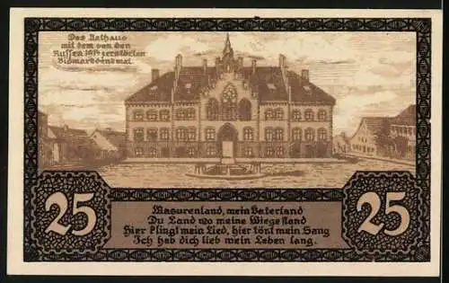 Notgeld Johannisburg 1920, 25 Pfennig, Rathausabbildung und Stadtwappen, Seriennummer 008119