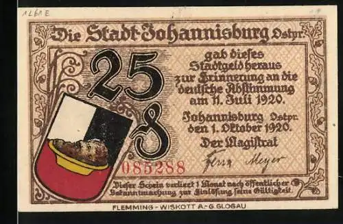 Notgeld Johannisburg 1920, 25 Pfennig, Erinnerung an die deutsche Abstimmung am 11. Juli 1920 mit Stadtansicht