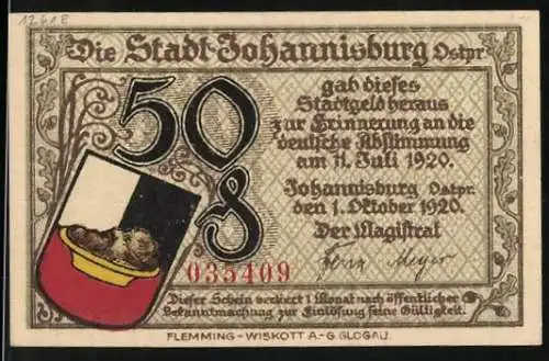 Notgeld Johannisburg 1920, 50 Pfennig, Stadtratsbeschluss und Stadtansicht