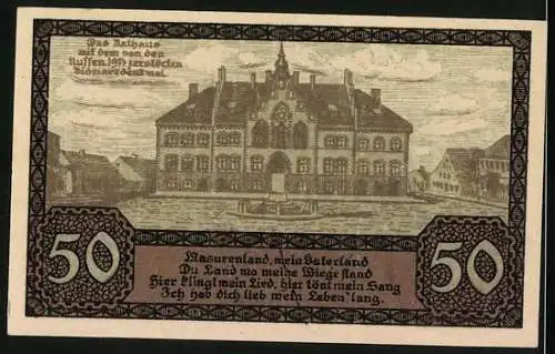 Notgeld Johannisburg 1920, 50 Pfennig, Stadtratsbeschluss und Stadtansicht