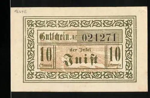 Notgeld Juist 1920, 10 Pfennig, Gutschein der Insel Juist, Seriennummer 021271, Rückseite mit Einlösebedingungen