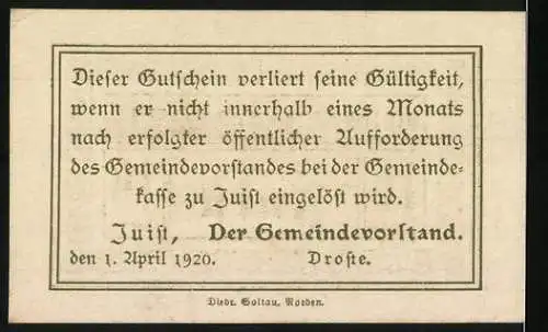 Notgeld Juist 1920, 10 Pfennig, Gutschein der Insel Juist, Seriennummer 021271, Rückseite mit Einlösebedingungen