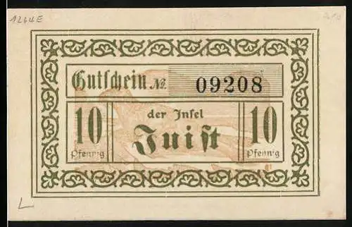 Notgeld Juist, 1920, 10 Pfennig, Gutschein der Insel Juist Nr. 09208, gültig für einen Monat nach Aufforderung des Gem