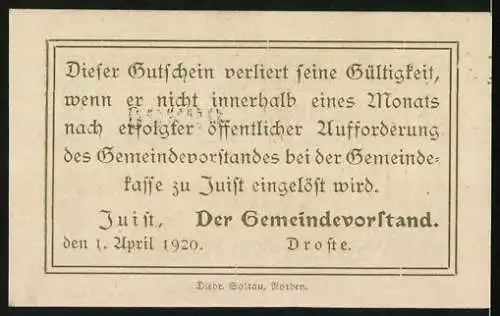 Notgeld Juist, 1920, 10 Pfennig, Gutschein der Insel Juist Nr. 09208, gültig für einen Monat nach Aufforderung des Gem