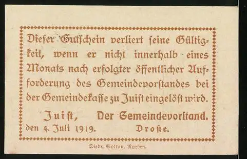 Notgeld Juist, 1919, 25 Pfennig, Gültigkeitshinweis und Seriennummer 08993