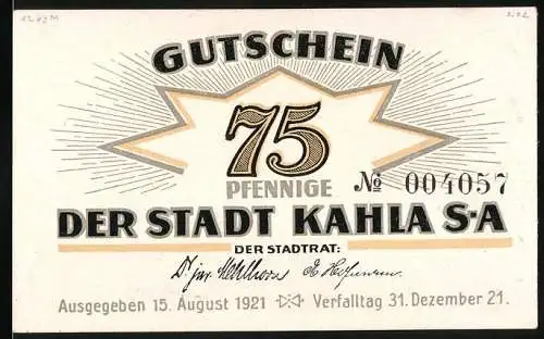 Notgeld Kahla 1921, 75 Pfennige, Gutschein der Stadt Kahla mit Motiv von Geschirr und Stadtansicht