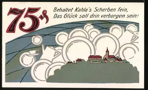 Notgeld Kahla 1921, 75 Pfennige, Gutschein der Stadt Kahla mit Motiv von Geschirr und Stadtansicht