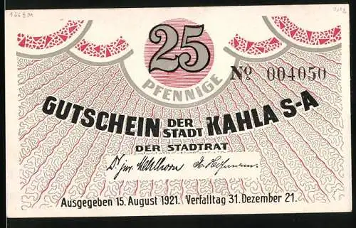 Notgeld Kahla 1921, 25 Pfennig, Stadtgutschein mit Porzellan-Werbung und Schlossansicht