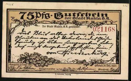 Notgeld Kahla 1921, 75 Pfennig, Ehrenhof des Leuchtenburg-Ehrenmals und Gutschein der Stadt Kahla