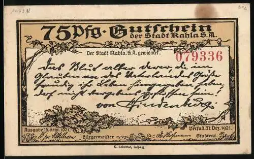 Notgeld Kahla 1921, 75 Pfennig, Gutschein der Stadt Kahla mit Ansicht des Leuchtenburg-Ehrenmals