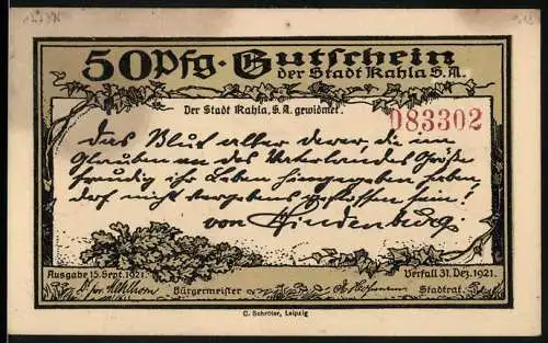 Notgeld Kahla 1921, 50 Pfennig, Gutschein der Stadt Kahla S.A. mit Leuchtenburg-Abbildung