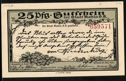 Notgeld Kahla 1921, 25 Pfennig, Gutschein mit Burgansicht und handschriftlichem Text