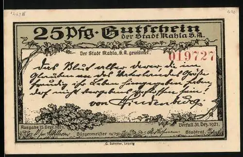 Notgeld Kahla 1921, 25 Pfennig, Gutschein der Stadt Kahla S.A. mit Burgansicht und Landschaft