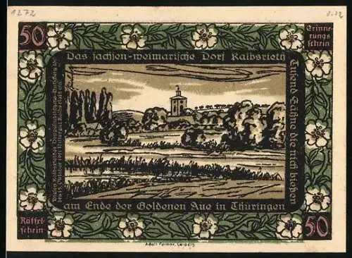 Notgeld Kalbsrieth, 1921, 50 Pfennig, Landschaft mit Kirche und Silhouette eines Mannes