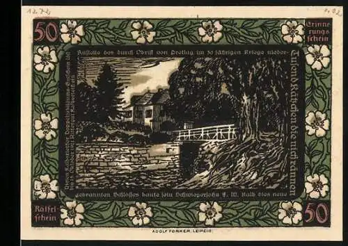 Notgeld Kalbsrieth, 50 Pfennig, Landschaft mit Schloss und Brücke, Rückseite mit Wagenmotiv