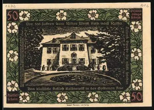Notgeld Kalbsrieth 1921, 50 Pfennig, Schloss Kalbsrieth und Gedicht mit Silhouette