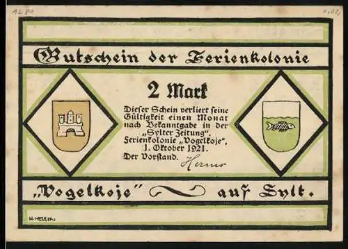 Notgeld Vogelkoje auf Sylt 1921, 2 Mark, Gutschein der Ferienkolonie mit spielenden Kindern und Landschaft