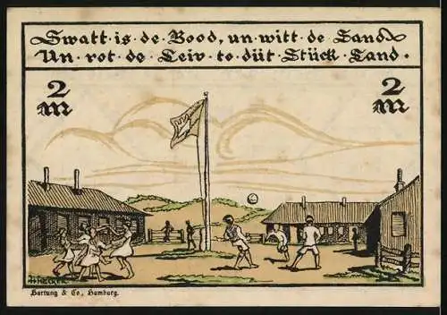 Notgeld Vogelkoje auf Sylt 1921, 2 Mark, Gutschein der Ferienkolonie mit spielenden Kindern und Landschaft