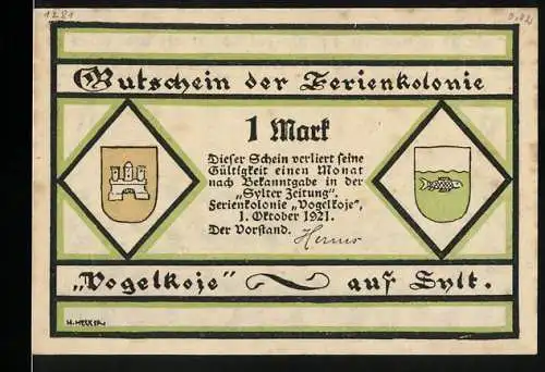 Notgeld Vogelkoje auf Sylt 1921, 1 Mark, Ferienkolonie Vogelkoje Gutschein mit Landschaftsillustration und Wappen