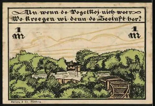 Notgeld Vogelkoje auf Sylt 1921, 1 Mark, Ferienkolonie Vogelkoje Gutschein mit Landschaftsillustration und Wappen