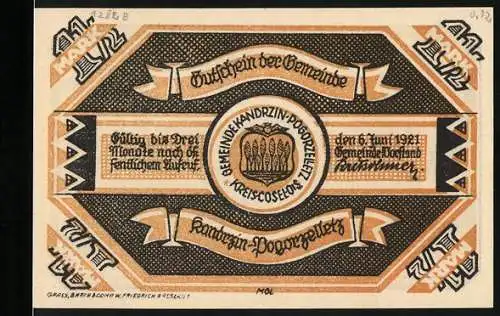 Notgeld Kandrzin-Pogorzelletz 1921, 1 1 /2 Mark, zerstörte Klobnitzbrücke