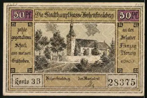 Notgeld Hohenfriedeberg, 3. Juni 1745, 50 Pfennig, historische Schlacht und Kirche