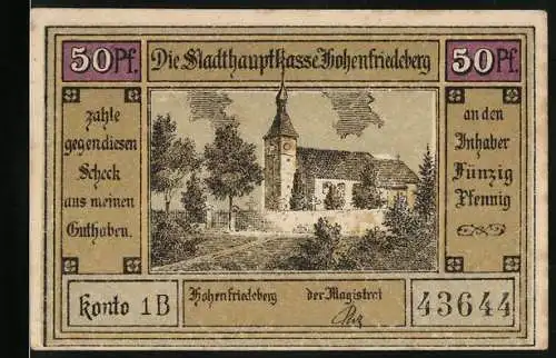 Notgeld Hohenfriedeberg, 50 Pfennig, Vorderseite Kirche mit Bäumen, Rückseite preussische Armee mit Fahnen