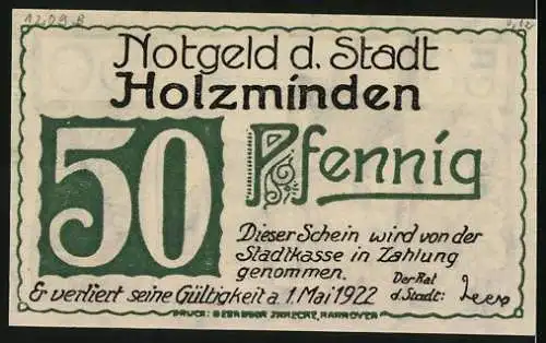 Notgeld Holzminden, 1922, 50 Pfennig, Stadtansicht mit Fachwerkhäusern und Schriftzug