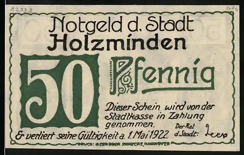 Notgeld Holzminden, 1922, 50 Pfennig, Stadtansicht und florales Muster