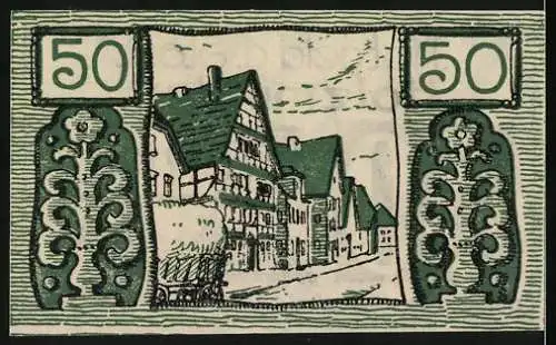 Notgeld Holzminden, 1922, 50 Pfennig, Stadtansicht und florales Muster