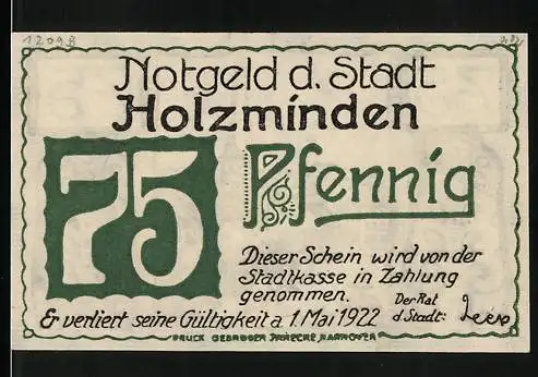 Notgeld Holzminden, 1922, 75 Pfennig, Vorderseite mit Schriftzug und Rückseite mit Stadtansicht und Kirche